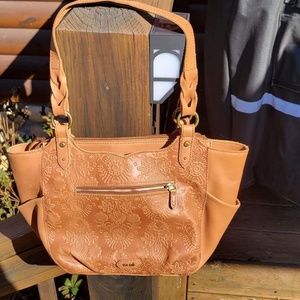 The Sak,  Bolinas Leather Satchel, tobacco floral emboss
